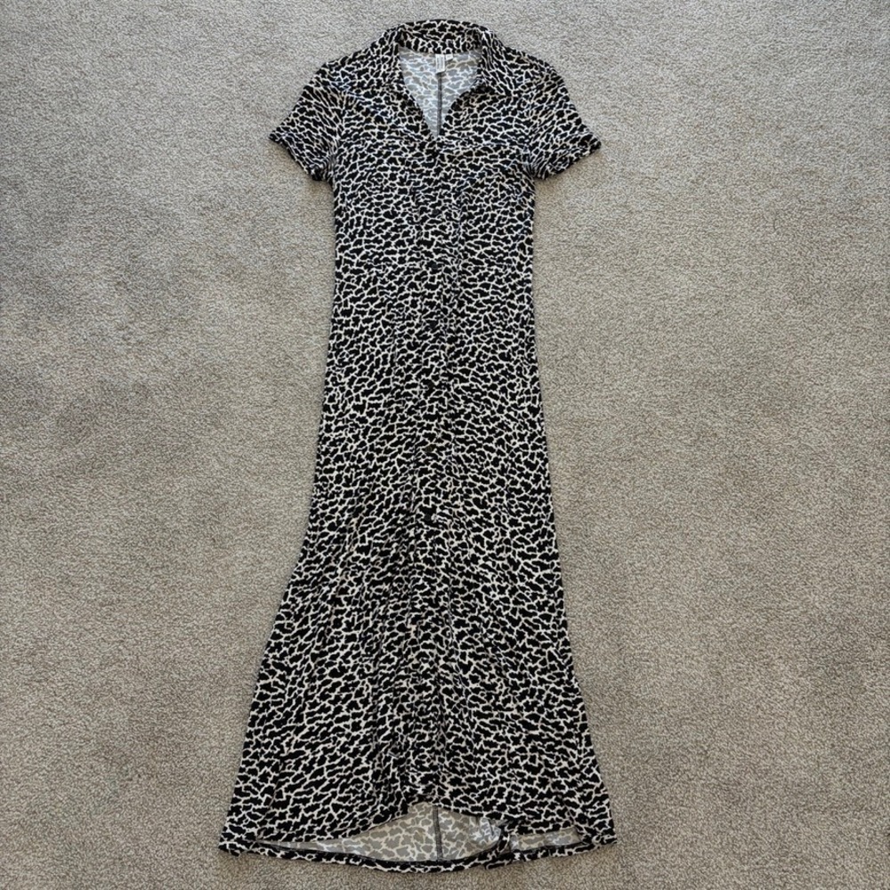 & Other Stories Midi Dress Womens 4 Black White Leopard Animal Print Button Up